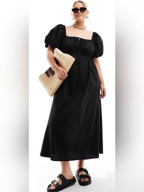 ASOS Curve Black Puff Sleeve Square Neck Maxi Dress